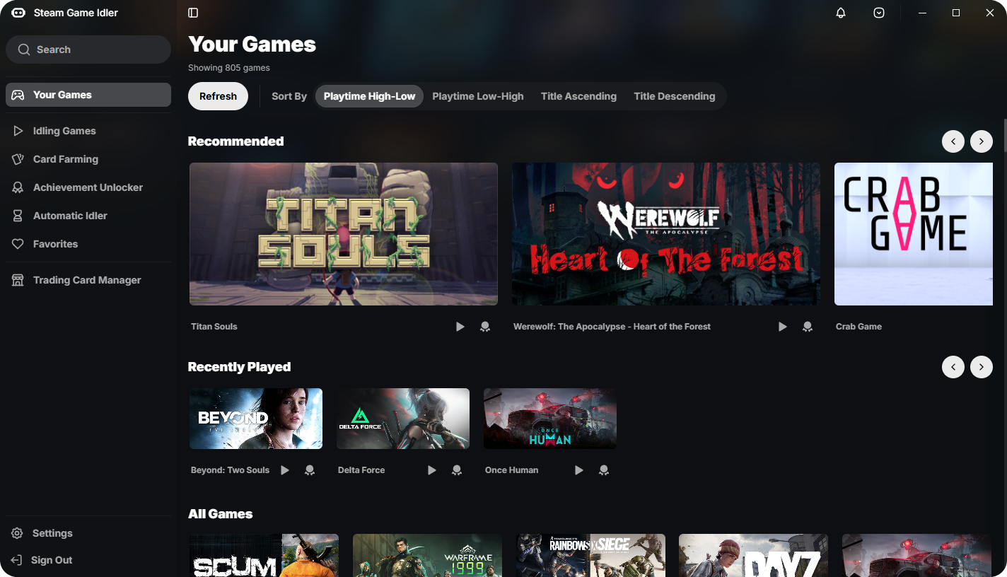 Steam Game Idler Dashboard Screenshot